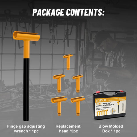 Package contents of Upgraded Hinge Gap Adjusting Wrench For Residential And Commercial Doors Quick And Easy Door Hinge Alignment Tool Precise Adjustments User Friendly Replacement For Tight Fits Yellow Finish including wrench, replacement heads, and box.