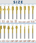 Wood Carving Bits Set Titanium Coated HSS Rotary Burrs 20 Pcs With One Eighth Inch Shank showing different shapes and sizes.