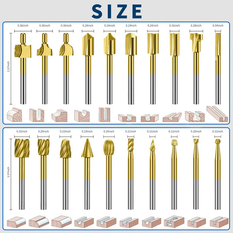 Wood Carving Bits Set Titanium Coated HSS Rotary Burrs 20 Pcs With One Eighth Inch Shank showing different shapes and sizes.
