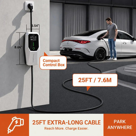 Road Ready Portable EV Charger Providing Zero Hassle Level One And Two Charging At 16 Amps Features J1772 Connector supports 25FT cable.