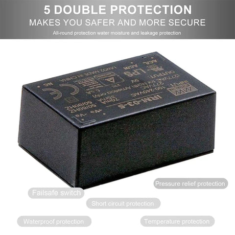 Top Tier 3W Ac Dc Pcb Mount Power Supply Delivering Clean 5V Feed With Wide 85 To 305Vac Input Spread Designed For Cramped Boards And Hassle Free Everyday Tech Assemblies in compact black casing showing specifications.