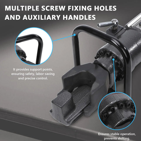 5/8 Inch Electric Hydraulic Rebar Bender showing multiple screw fixing holes and auxiliary handles for stability and control.
