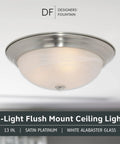 Reedley Two-Light Flush Mount Ceiling Light 13-Inch Fixture With White Alabaster Glass And Satin Platinum Finish