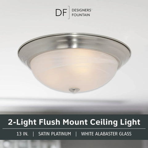 Reedley Two-Light Flush Mount Ceiling Light 13-Inch Fixture With White Alabaster Glass And Satin Platinum Finish