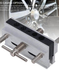Self Centering Doweling Jig Kit With Adjustable Width Drilling Guide And Six Bushings, silver finish, shown from side view.