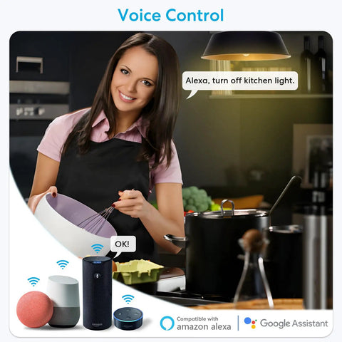 Person using Smart WiFi Bulb Socket E26 2 Pack With Voice Control And Phone App Control in kitchen, compatible with Alexa and Google Home.