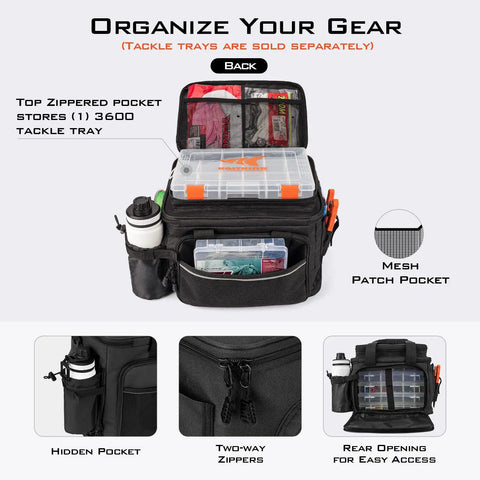 Karryall Tackle Bags Water Resistant Gear Storage with open compartments showing tackle trays and pockets