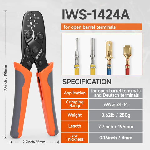 Open Barrel Terminal Crimp Tool Five Cavities For 24 To 14 AWG Non Insulated with specifications and tool image