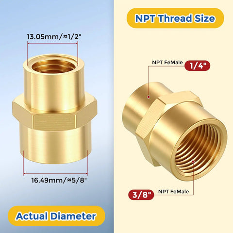 Three Pack Brass Pipe Fittings 3/8 Inch Female NPT To 1/4 Inch Female NPT Brass Coupling Hex Head Connector for air oil LP gas