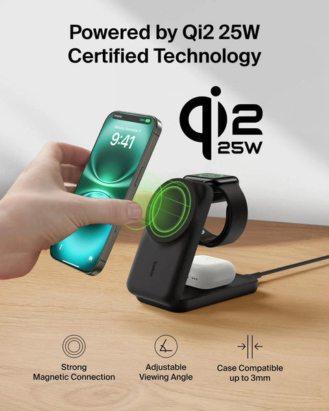 3 In 1 MagSafe Qi2.2 25W Magnetic Wireless Charger Dock With Foldable Charging Stand for iPhone and AirPods on desk