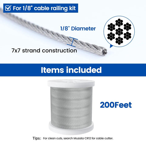 Stainless Steel Cable Railing Kit For Indoor Outdoor Decks Two Hundred Feet One Eighth Inch Wire Rope 7x7 1800 Lb Breaking Strength T316 Hardware Set Coastal Ready Rust Proof And Easy Install 1/8 inch 7x7 strand close-up