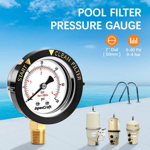 Stainless Steel Pool Filter Pressure Gauge With Two Inch Dial 0 To 60 PSI Bottom Mount One Quarter Inch NPT IP67 Waterproof Anti Corrosion For Pool Pump Spa And Aquarium Filter Clean Filter Indicator, 2-inch dial on pool filter