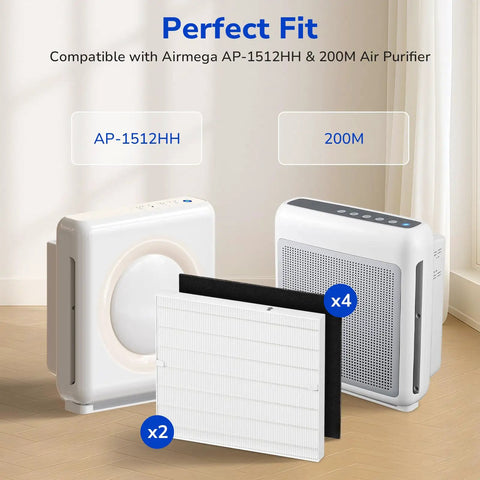 2 Pack Replacement Filters For Coway Airmega AP-1512HH Purifier with AP-1512HH and 200M models displayed, traps dust, pollen, smoke, odors.