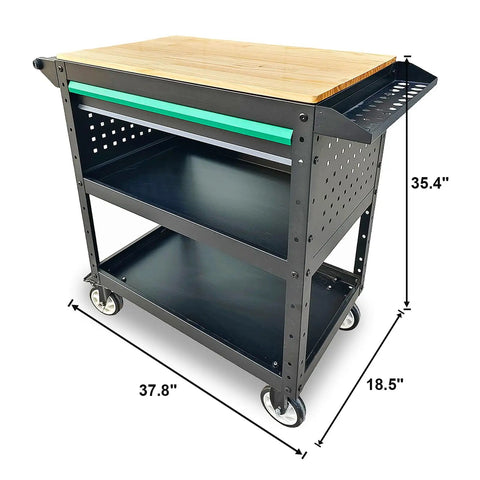 Heavy-Duty Rolling Utility Cart With Wooden Top, 3-Tier Mobile Workshop Table On Sturdy Casters, 330Lb Load Capacity
