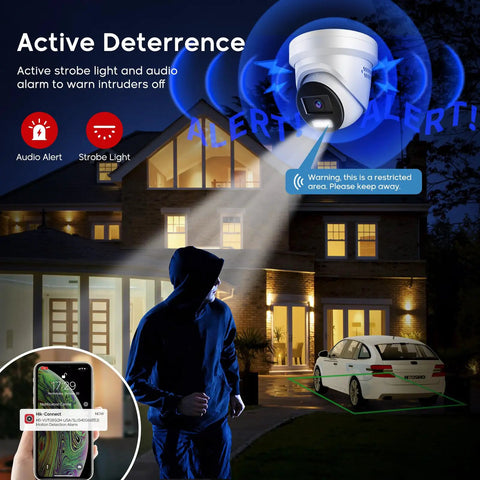 4MP Full-Color Night Vision PoE Turret Camera With 4mm Lens, emitting strobe light and audible warning at night