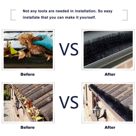 Before and after images of gutters with 5 Inch Gutter Guard Brush Filter Pack With 80 Ft Total Length Fits Standard 5 Inch And K Style Gutters Leaf Debris Guard For Easy No Tools DIY Gutter Protection At Home. Shows removal of leaves and debris.