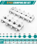 9-piece crimping die set for hydraulic crimping tool, visible range from 12 AWG to Two Zero AWG, part of tool kit.