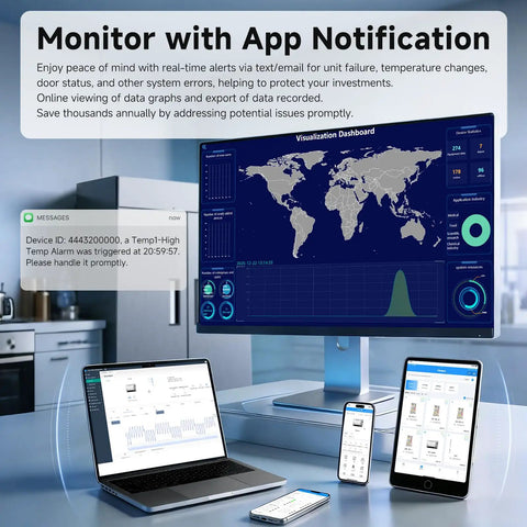 Monitor with App Notification showing real-time alerts and data graphs for Heavy Duty Commercial Upright Freezer With Kickass WiFi Setup App.