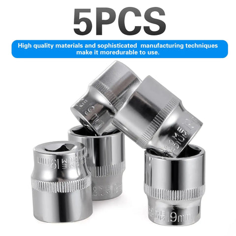 5-Piece 19mm Shallow Sockets Set With Three Eighths Inch Drive, 6-Point, Corrosion-Resistant Design displayed in a stack