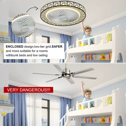 Bladeless 20 Inch Ceiling Fan With Lights And Remote Modern Enclosed Low Profile Black Housing 72W Dimmable LED in child's room