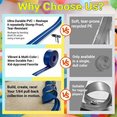 Comparison of 15-Foot Build-Your-Own Creative Race Track Set for Kids in blue PVC vs dull PE material with vibrant colors.
