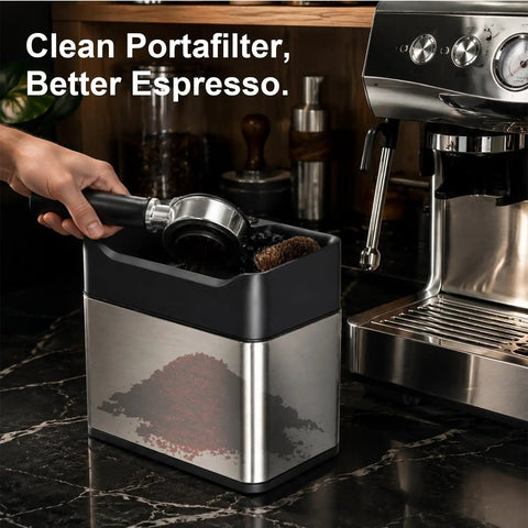 Top Shelf Electric Portafilter Cleaner With Automatic Dual Brush Fits 51mm And 58mm Filters, cleaning coffee grounds from portafilter.