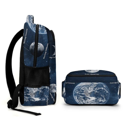 Side view of Moon Phases Space Astronomy Backpack Dope Printed Unisex Daypack With Large Capacity Durable Polyester for School Travel