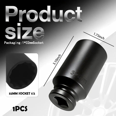 Heavy Duty 32mm Socket Featuring Half Inch Drive And 12 Point Impact Design with dimensions 3.10x1.75 inches, ideal for stubborn nut removal.