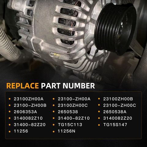Drop In Replacement Alternator For Nissan Armada 2007 To 2015 Xterra 2007 To 2015 Frontier with part numbers shown, close-up view
