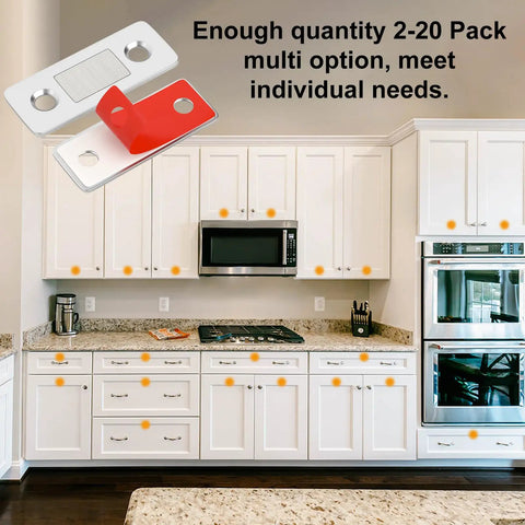 Kitchen view with Ultra Thin Cabinet Door Magnets Set 10 Pack Magnetic Door Catch Stainless Steel Drawer Latch installed.