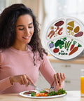 Woman using a Sick 10 Inch Melamine Sectioned Plate For Portion Control And Keeping Calorie Intake In Check with healthy food.