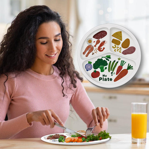 Woman using a Sick 10 Inch Melamine Sectioned Plate For Portion Control And Keeping Calorie Intake In Check with healthy food.