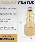 30 Pcs Brass Air Hose Fittings 1/4 In Npt Quick Disconnect Plugs With Hardened Copper Cladding showing a female plug with solid brass construction.