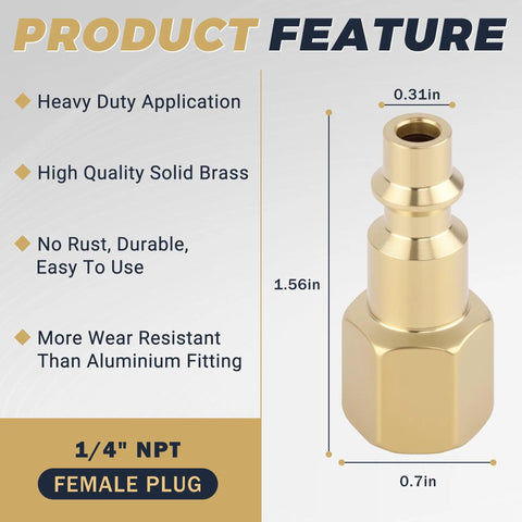 30 Pcs Brass Air Hose Fittings 1/4 In Npt Quick Disconnect Plugs With Hardened Copper Cladding showing a female plug with solid brass construction.