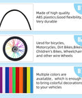 Spoke Skins Covers For 8 To 21 Inch Rims Protectors And Decor For Dirt Bikes Mountain Bikes Bicycles Wheelchairs And Motorcycles Includes 72 Pieces Easy Install In 12 Colors, showing colorful spoke covers and usage details.