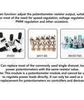 Image showing three types of potentiometer modules: RV09, WH148, RK097NS. Main function: adjust resistor output for speed regulation.