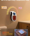 Power Saving 450W Space Heater With Remote Wall Outlet Plug As Seen On TV showing temperature range and thermal sensor