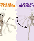 Two Pack 16 Inch Poseable Hanging Skeletons With Movable Joints For Halloween Decor showing joint rotation angles
