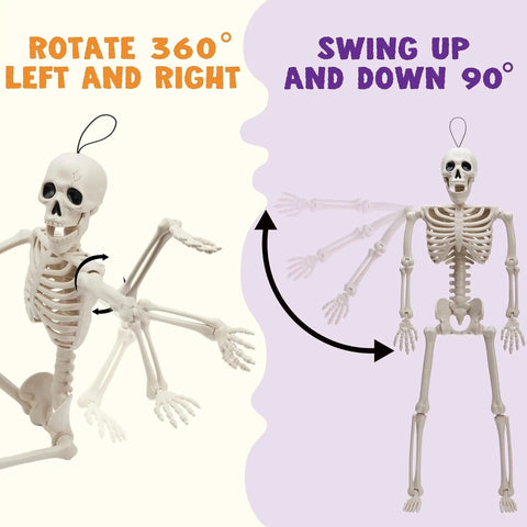 Two Pack 16 Inch Poseable Hanging Skeletons With Movable Joints For Halloween Decor showing joint rotation angles