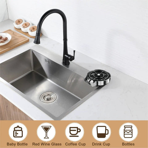 Glass Rinser And Bottle Washer For Kitchen Sink With Ten Orifice Water Outlet No Fuss Cup Cleaner, stainless steel beside faucet.