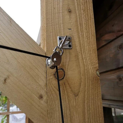 4 Pack 25mm Single Pulley Block Set With 6 Quick Links For Heavy Duty Lifting And Towing, 304 Stainless Steel Snatch Block System, Wire Rope Hanging Wheel For Lifts, Supports Up To 500 Lbs. mounted on wood beam
