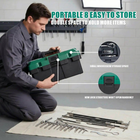 Man kneeling with Gland Packing Removal Tool Kit With Flexible Shaft And Corkscrew Hooks, Stainless Steel Extractor Set in tool box.