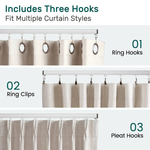 Whisper Quiet Ceiling Curtain Track With Wall Mount 9 To 12 Feet White No-Fuss Noise-Free Glide System With Heavy-Duty Rollers For Ultra Smooth Drapes And Quick Easy Installation, shown with ring hooks, clips, and pleat hooks