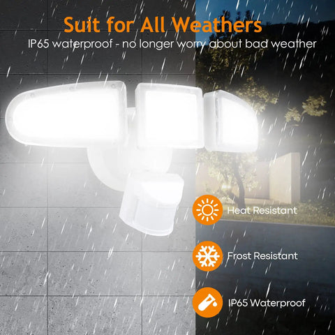 Outdoor Motion Sensor Flood Lights With 30W 3500LM Output Dusk To Dawn IP65 Waterproof Three Head LED Security Lighting rain resistant