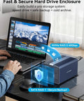 Ultimate 4 Bay Hybrid Raid Enclosure For 3.5 And 2.5 Inch Sata Drives Plus Dual Nvme Ssd Bays USB4 Thunderbolt 5 Ready on desk with laptop