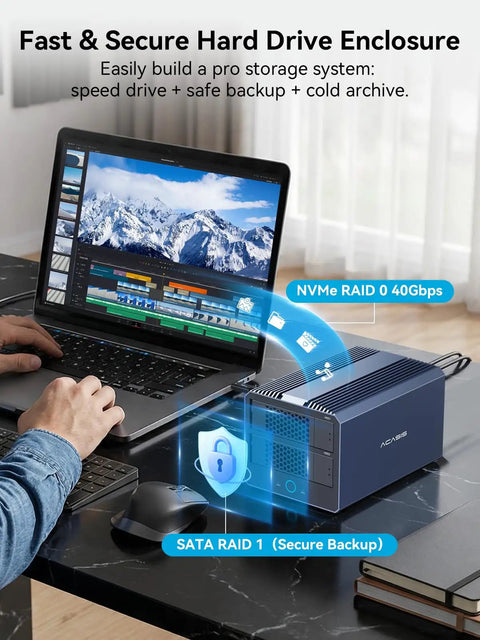 Ultimate 4 Bay Hybrid Raid Enclosure For 3.5 And 2.5 Inch Sata Drives Plus Dual Nvme Ssd Bays USB4 Thunderbolt 5 Ready on desk with laptop