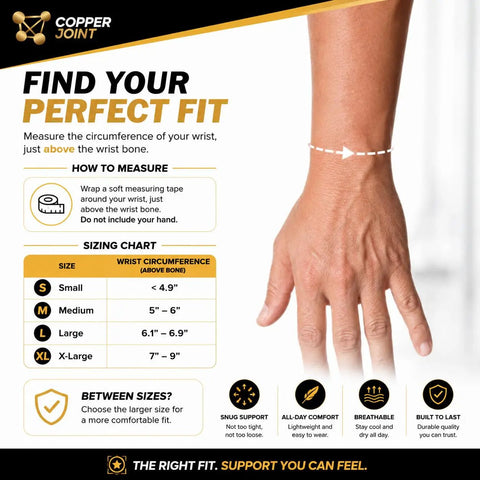 Copper Infused Wrist Brace Pair For Carpal Tunnel Pain Relief size chart and fitting instructions for adjustable medium fit