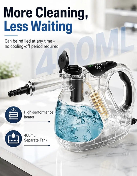 Lightweight Handheld Steam Cleaner With 400Ml Tank And Safety Lock showing transparent tank with water, high-performance heater.