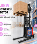 Heavy Duty Electric Pallet Stacker Delivering 3300 Lbs Capacity and Zero Sweat Hauling, equipped with 1.6KW motor lifting pallets in a warehouse.