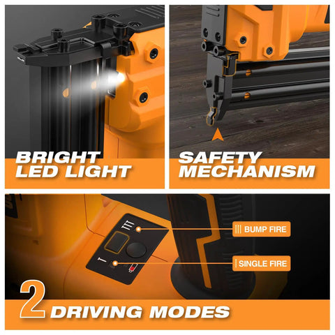 Close-up of 20V Cordless Pro Grade 2 In 1 18 Gauge Nailer And Stapler Kit With LED light, safety mechanism, and fire modes.